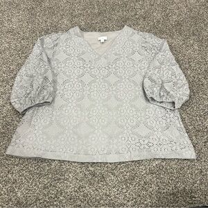 J Jill Top Womens 2X Gray Long Puff Sleeve Knit Lace Cut Out Shirt Blouse